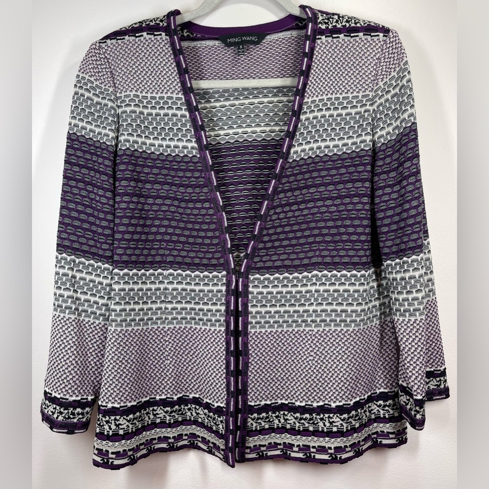 NWOT MING WANG Women’s Purple Black‎ White Knit Cardigan Size Small